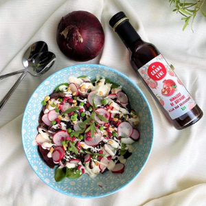 Recette de salade d'hiver, légumes poêlés, vinaigrette au yaourt et vinaigre de grenade Granaline BIO
